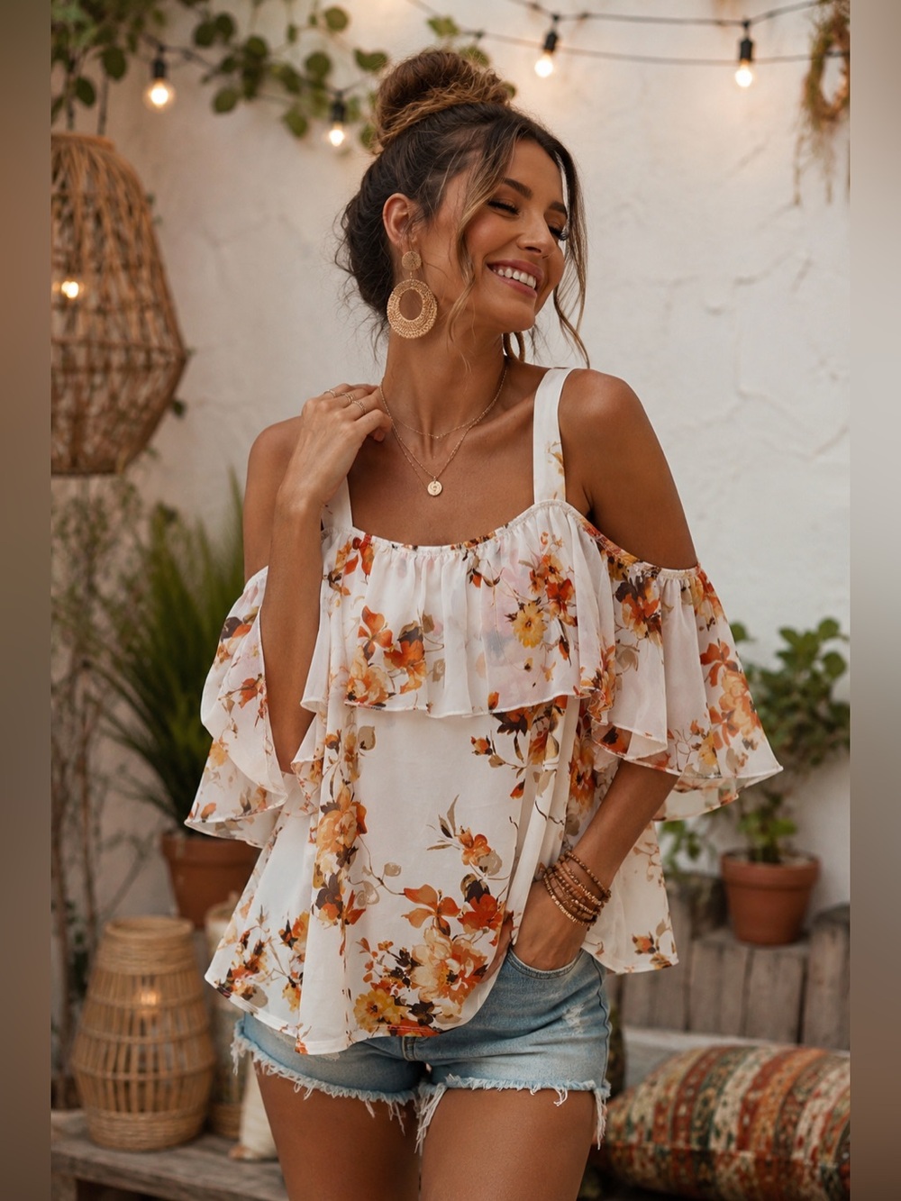 Perception Concept Floral Cold Shoulder Ruffle Tank Top – Size L